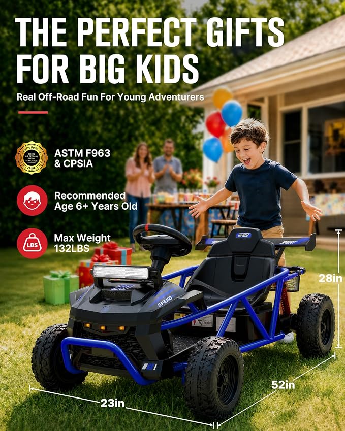 First Ride On 36V Kids Off-Road Go Kart, 400W Electric Ride-On Car for Ages 6+, Up to 9.3 MPH, EVA Tires, Metal Frame, Hall Throttle, Electronic Brake, Adjustable Seat, Bluetooth (Blue)