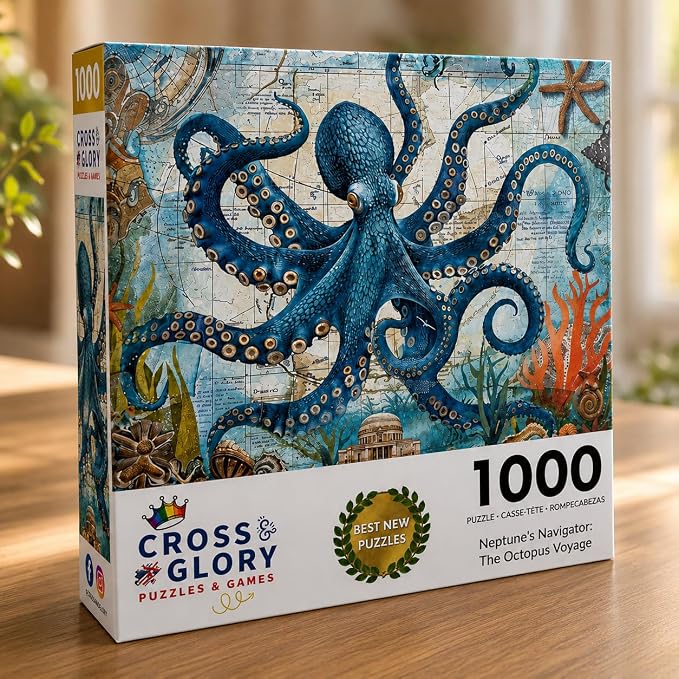 Cross & Glory | 1000 Piece Jigsaw Puzzles for Adults | Neptune’s Navigator: The Octopus Voyage | Ancient Map Octopus Puzzle 1000 Pieces | Satin Finish Ocean Puzzle | Ages 14+