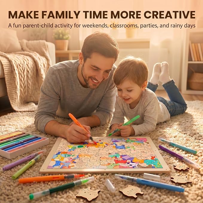 Wooden Dog Coloring Puzzle, 53-Piece DIY Kitties Jigsaw Craft with Frame and 12 Color Pens, Paintable Wood Board for Adults, Kids, Cat Lovers, Family Activity, Home Decor (Dog)