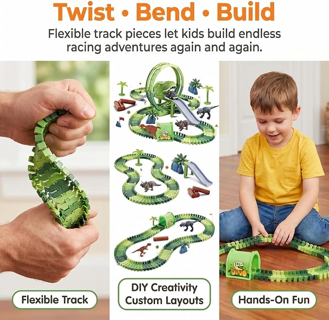 Dinosaur Race Track Toys for Boys 3-5, T-Rex Dinosaur Car Track Set with Giant Loop, Flexible Adventure Race Track Playset for Boys Age 4-7 Birthday Gifts