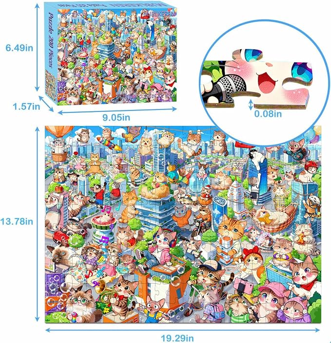 Puzzles for Kids Ages 6-8 8-10 Year Old - City Cats Themed, 200 Pieces Jigsaw Puzzles for Kids, Learning8-10 Educational Toys for Boys and Girls
