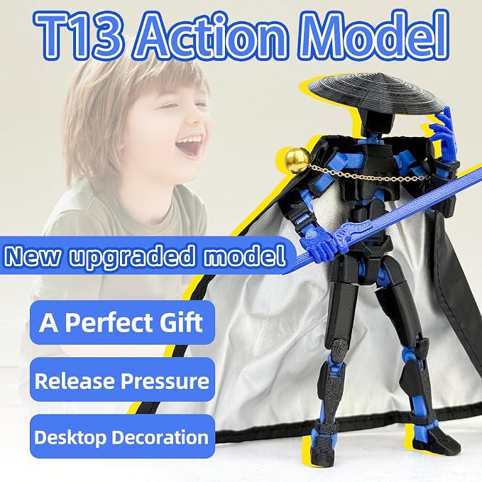 Assembly Completed T13 Action Figures,T 13 Action Figure, Robo 13 3D Printed Action Figure - The Ultimate Hero for Action-Packed Playtime,5.2 Inch (Swordsman-Black Blue)