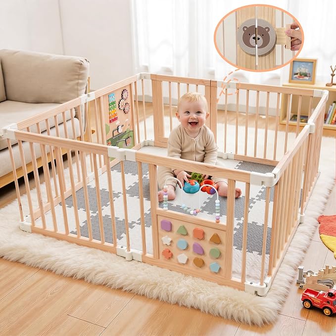 Foldable Wooden Baby Playpen with Mat, Play Yard (56 * 56 * 25 Inch) | Activity Center with Gate, Thickened Wood Adjustable, Easy to Assemble, Birthday Gift for Toddlers
