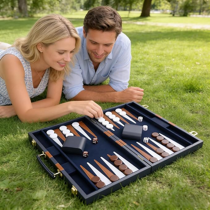 Backgammon Set - Classic Board Game with Premium PU Leather Case - Portable Travel Strategy Backgammon Game Set for Adults, Kids Family Game Night, Vacation & Gifts (18inch Large, Navy)