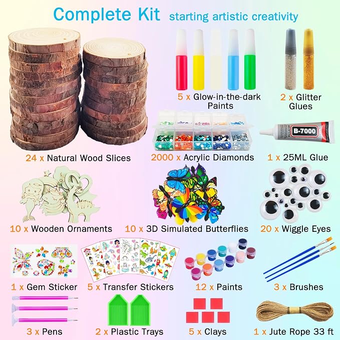 KIRKOTOY Wooden Crafts Kit for Kids-Glow in The Dark-Arts & Crafts Gifts for Boys Girls Age 6-12, 24 Wood Slices with Painting Craft Activities Kits, Creative Art Toys for 6 7 8 9 10 11 12 Year Old