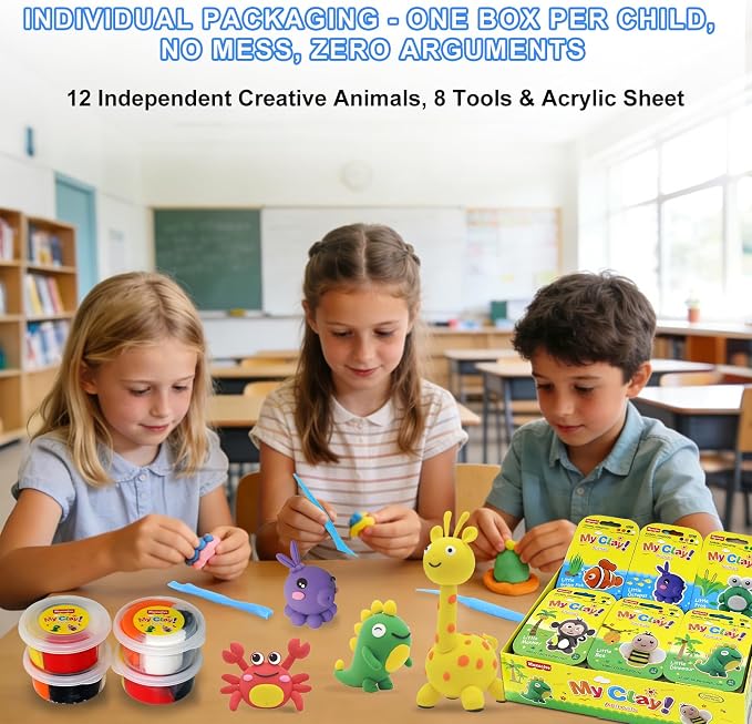 Air Dry Clay Kit for Kids: 12 Animals Modeling Magic Clay Set with Sculpting Tools and Tutorials Safe Non-Toxic & Light Soft DIY Art Craft Molding Clay School Class Home Party Gifts for Boys Girls