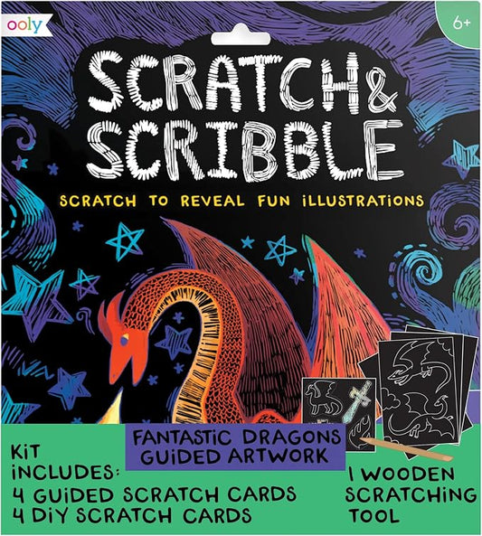 Ooly Scratch & Scribble Travel Crafts for Kids – 1pc Art Kit, Portable Car & Airplane Activity, 8 Scratch Cards + Wooden Stylus + Stickers, Ages 6+ – Dragons