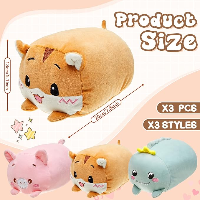 Leitee 3 Pcs Stuffed Animals Plushies Bulk 8 Inch Cute Plush Toys Plush Pillow for Boys Girls Birthday Gift Box Toys for Kids Back to School Classroom Prize Christmas Party Favors Bulk (Cute Animal 3)