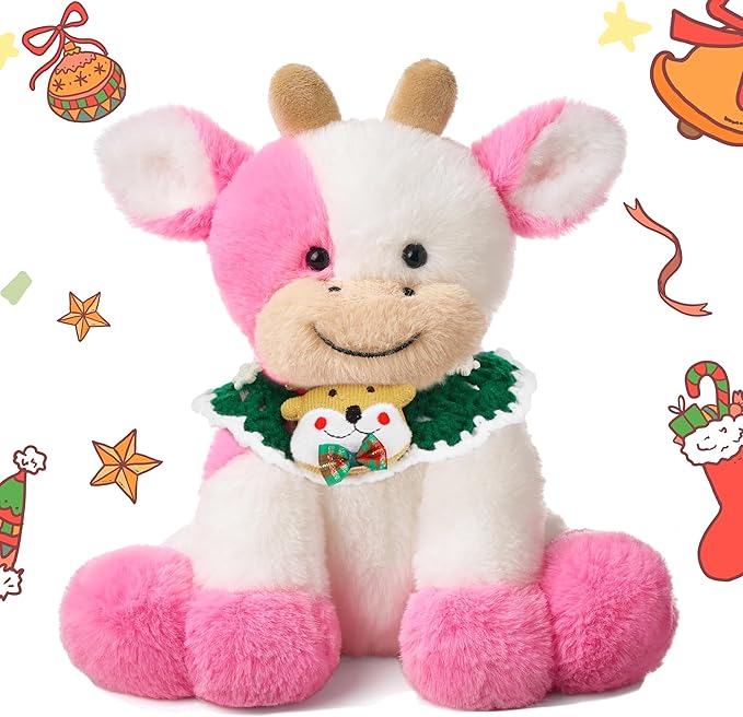 Hopearl Adorable Christmas Plush Cow Toy Floppy Dairy Cattle Soft Kawaii Stuffed Animal Cute Xmas Gifts for Boys Girls Kids Toddlers, Pink, 9''