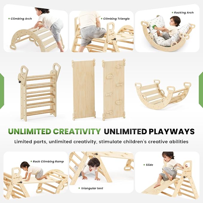 BlueWood Pikler Triangle Set with Cushion, 8-in-1 Climbing Toys for Toddlers, Montessori Philosophy Play Jungle Gym with Arch, Ramp, Ladder(Natural Wood)