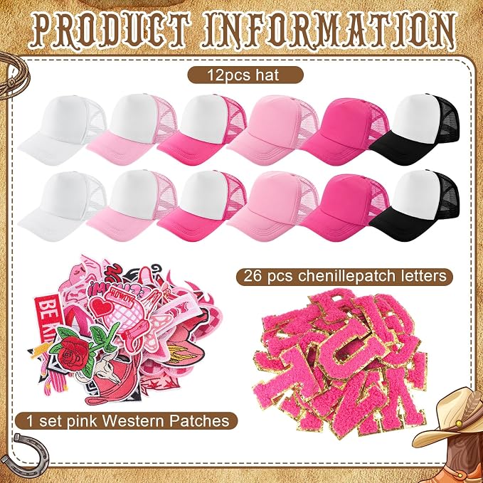 Hercicy DIY Trucker Hats Kit, 12 Pack Sublimation Blank Baseball Caps with Embroidered Patches DIY Craft for Party(Western Cowgirl,Pink Aesthetic Mix)