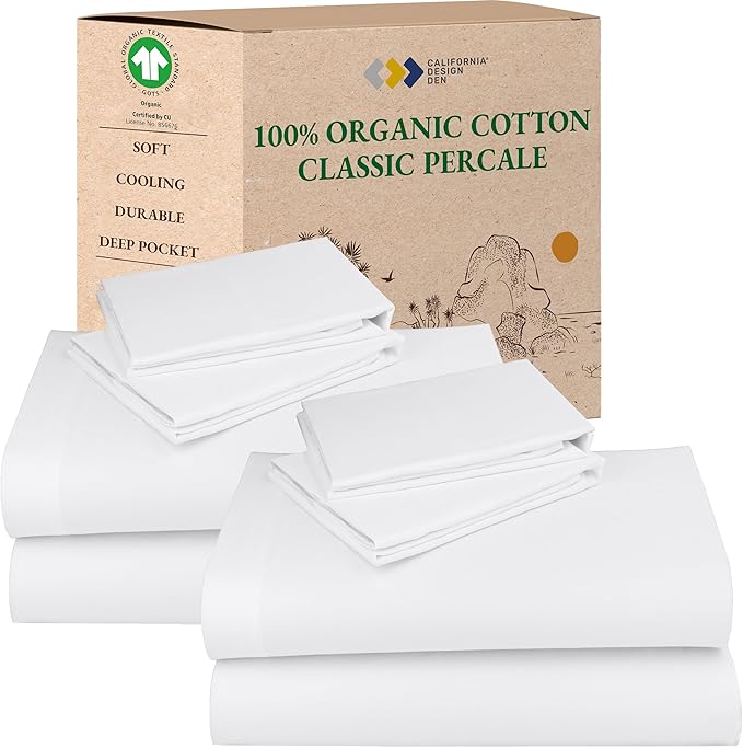 California Design Den Pack of 2 Percale Sheets King Size Set - 100% Organic Cotton, Deep Pocket King Sheets Sets, Crisp, Breathable and Lightweight Bedding - White