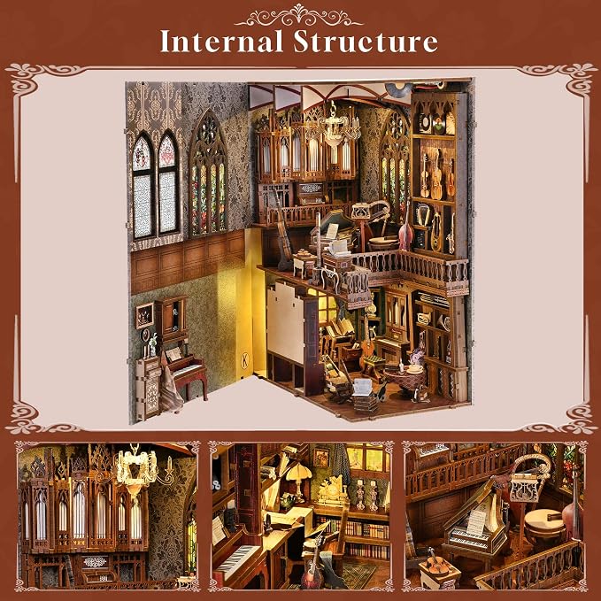 fifijoy Book Nook Kit Music, DIY Miniature House Kit Book Nook, 3D Wooden Puzzle Bookshelf Insert Diorama Kit with Led Light for Teens and Adults (Timeless Melody)