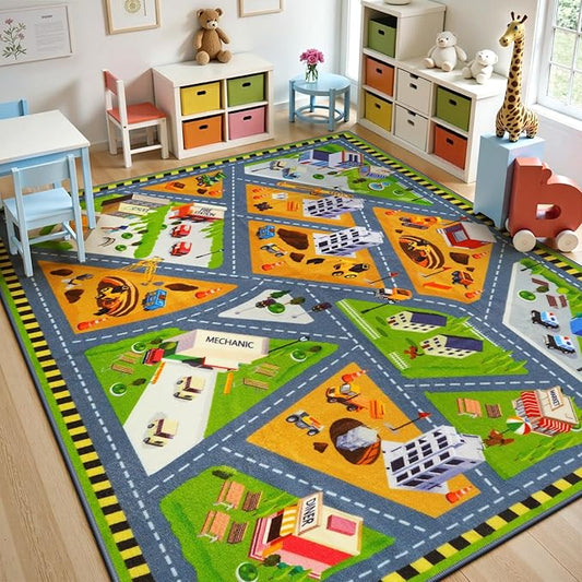 STARUIA Kids Carpet Playmat Rug, 5.3x6.6 Ultra Non-Slip Car Rug Play Mat Learn and Have Fun Educational City Road Car Carpet for Kids, Washable Car Kid Rugs for Boys Room Playroom Bedroom Nursery
