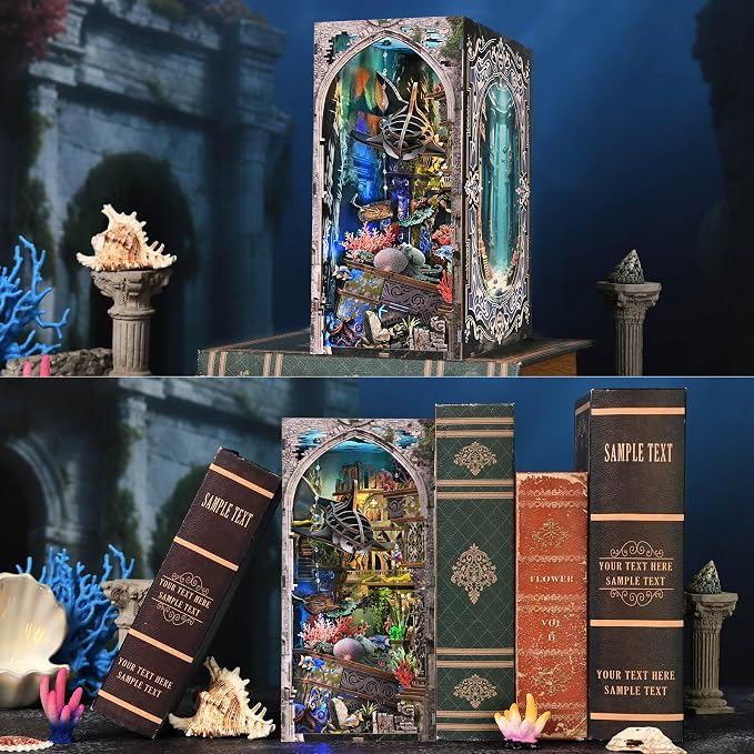 fifijoy Book Nook Kit - DIY Miniature Dollhouse for Adults and Teens, Creative Bookshelf Decor 3D Wooden Puzzle Bookend with LED Light, Unique Gift for Family and Friends (Lost City of Atlantis)