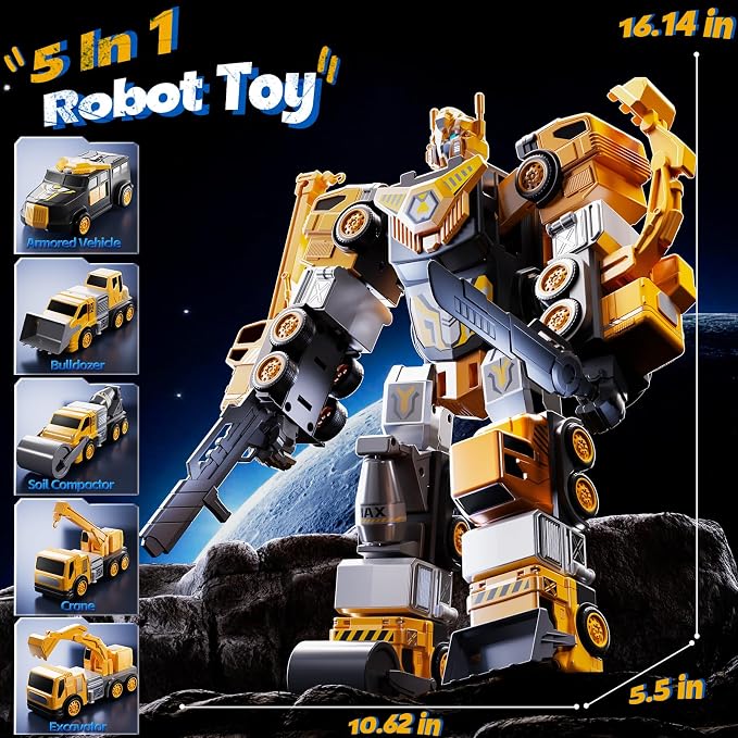 5-in-1 Robot Toys Cars for Kids 3-5, Magnetism Transforming Robots, Detachable Construction DIY Assembling Vehicle Sets, Educational Toys for Boys Girls 3 4 5 6 7 8, Birthday Gifts(Yellow)