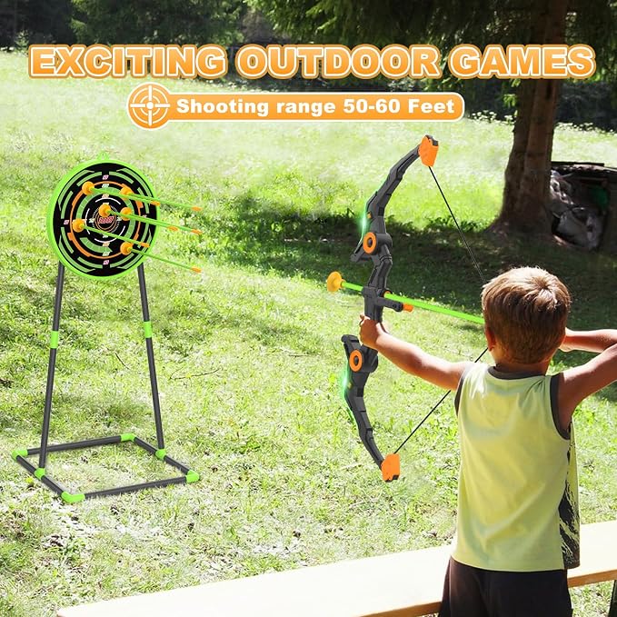 Kmuxilal Kids Bow and Arrow Set with LED Flash Lights, 10 Suction Cup Arrows, Quiver and Fluorescence Standing Target-Perfect Indoor and Outdoor Archery Set Toy Gift for Boys and Girls Ages 4-12