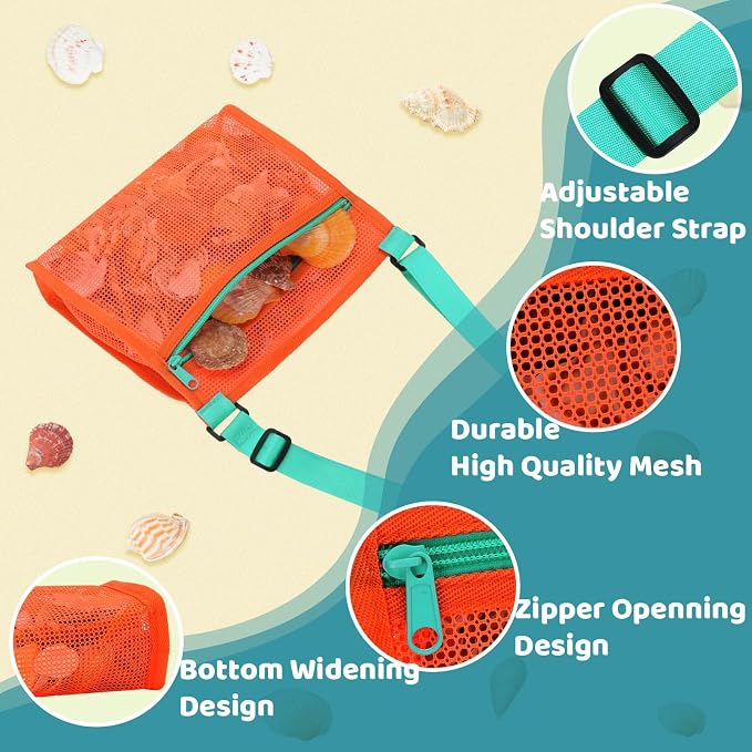 MUYIZI Mesh Beach Bag for Shells Collecting 4 Pack,Shell Bags for Beach,Sea Shell Bags for Picking Up Shells,Beach Shell Bag for Kids, Beach Toys Sand Toys Swimming Accessories for Boys and Girls