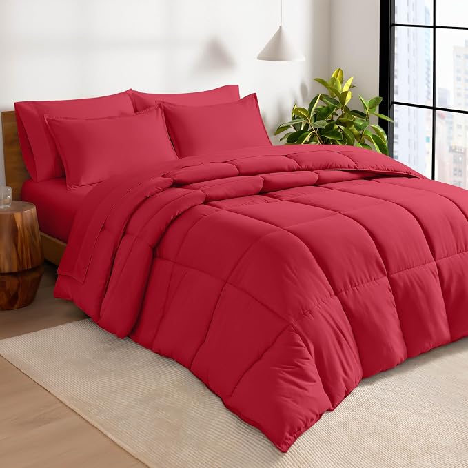 Bare Home Bed-in-A-Bag 7 Piece Comforter & Sheet Set - Full XL - Goose Down Alternative - Ultra-Soft 1800 Premium Bed Set (Full XL, Red/Red)