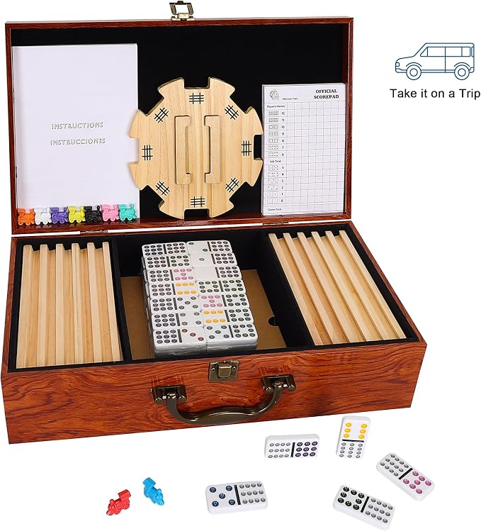 GOTHINK Double 12 Mexican Train Dominoes Set in Wooden Carry Case, Colored Dots Domino Set for Adults Kids and Family, Included 91 Tiles, 9 Trains, Wooden Hub, 8 Holders, 2 Scorepad, Modern Box