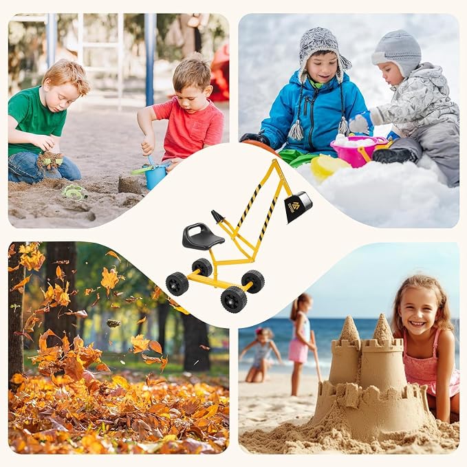Sand Digger Excavator Toys for Kids Outdoor Sandbox Digger Crane with 360 Degree Rotatable Seat Excavator Ride On Toy Beach Toys Great for Sand Dirt and Snow Steel Outdoor Play Toys, Yellow