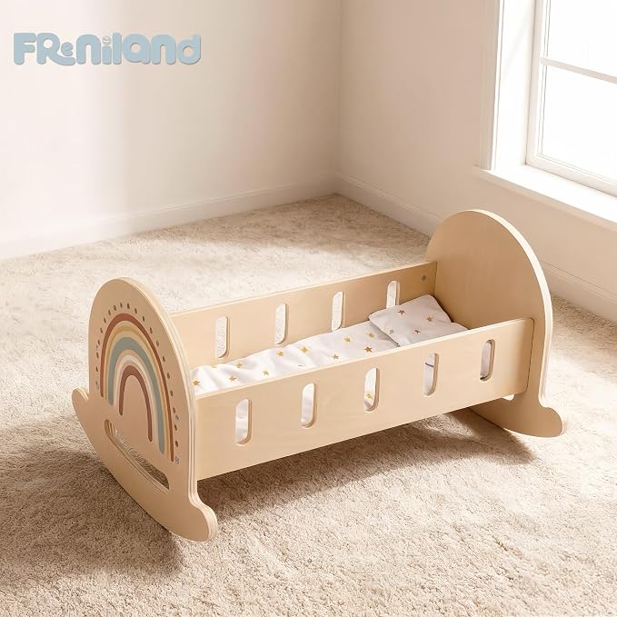 FReniland Wood Rocking Doll Crib for Dolls up to 18 Inches, Wooden Baby Doll Bed Dolls Cradle with Blanket & Pillow, Classic Pretend Play Toy for Kids Ages 3+