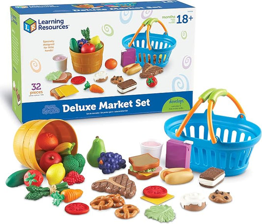 Learning Resources New Sprouts Deluxe Market Set - Pretend Play Kitchen, Fruit Basket, Toddler Outdoor Play Food Toys, Kids Playset, Shopping Basket, Fine Motor Skills, Montessori Sensory Cooking