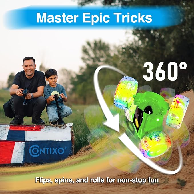 Contixo SC3 RC Stunt Car for Kids, Green, 2.4GHz 4WD Remote Control Car with 360° Rotating Flips, Double-Sided Driving, LED Lights, Rechargeable Toy Car for Girls & Boys Ages 4-12