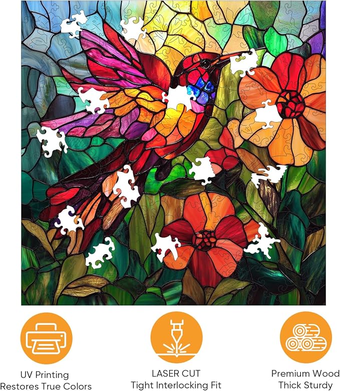 Mocfesk Wooden Puzzles for Adults, 499 Pieces Stained Glass Hummingbird Jigsaw Puzzles, Mosaic Bird Flower Puzzle for Senior, Challenging Family Toy Home Decor 15.9 x 15.9 in