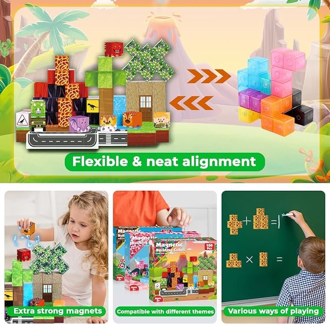 Goody King Dinosaur Volcano Magnetic Blocks |100PCS Dinosaur Magnetic Blocks Cubes,STEM Montessori Sensory Toys for Toddlers Kids Boys Girls Ages 3-5 6-8 Christmas Birthday Easter Gifts