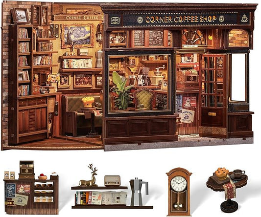 Cutefun Book Nook Kit - DIY Miniature Coffee Shop Booknook Kits for Adults and Teens, 3D Wooden Puzzle Bookend Bookshelf with LED Light, Creative Crafts Gifts for Book Lovers (Corner Coffee Shop)