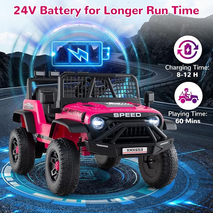 OLAKIDS 24V Ride on Car with Remote Control, Bluetooth, LED Lights, Horn, Spring Suspension, High/Low Speeds, Soft Start for Kids Aged 3+ (Pink)