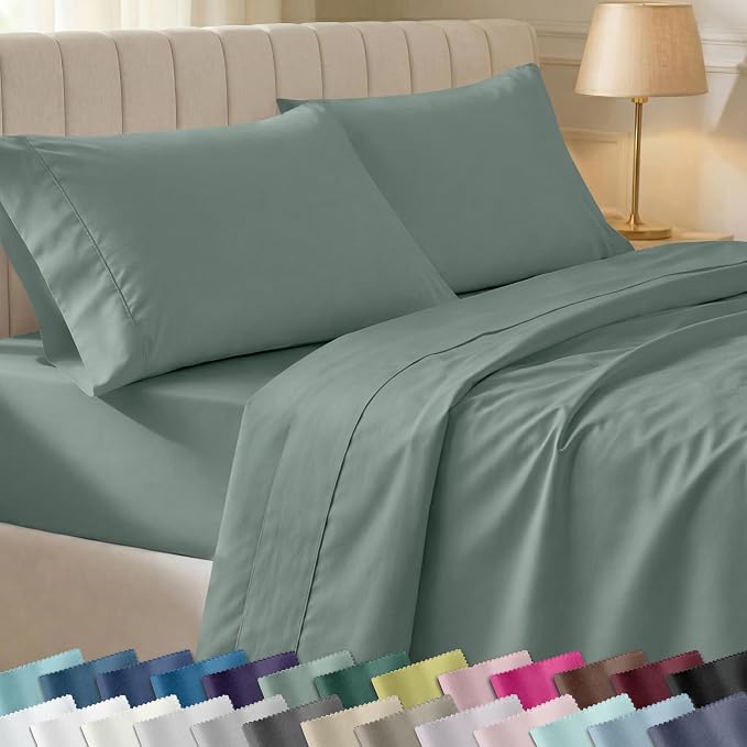 California Design Den Soft 100% Cotton Bed Sheets King Size Set, 400 Thread Count Good Housekeeping Award Winner, Silky Sateen with Deep Pockets, Long Staple Cotton King Bed Sheet Set - Sage Green