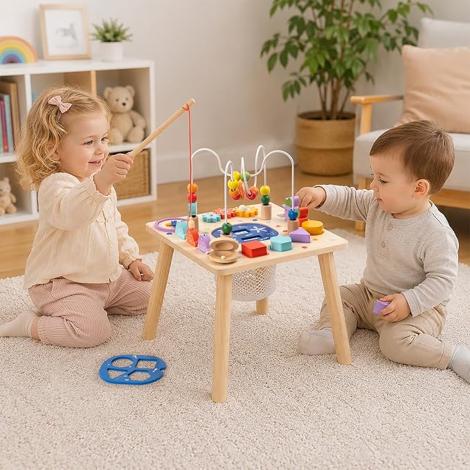 Baby Activity Table for 1 Year Old, Wooden Sensory Table Activity Center with Bead Maze with Shape Sorter Fishing Game, 8 in 1 Learning Toys for Baby 12+ Months Boys Girls Gifts