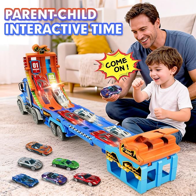 Truck Car Toys for 3, 4, 5, 6, 7, 8 Years Old Kids, Carrier Truck Race Track Toys, Foldable Transport Car Toys with Foldable Race Tracks and 6 Metal Cars, Birthday Gifts for Toddler Boys Girls (Blue)