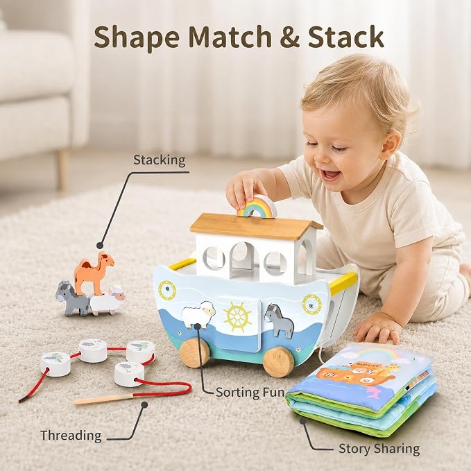 Wooden Noah’s Ark Toy with Cloth Book, Baptism Gifts for Boys and Girls, Christian Shape Sorter and Pull Along Playset for Toddlers 18M+, Animal Matching, Stacking and Threading Toys