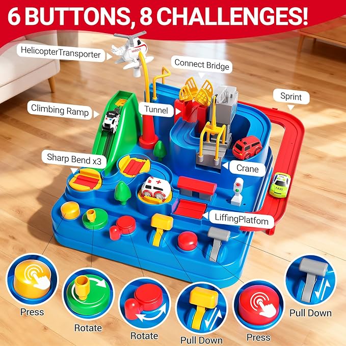 Toys for 3 Year Old Boys, Large City Adventure Car Race Track for Toddlers, STEM Montessori Playset with 4 Cars & Helicopter, Educational Learning Toy, Birthday Christmas Grandkids Gifts