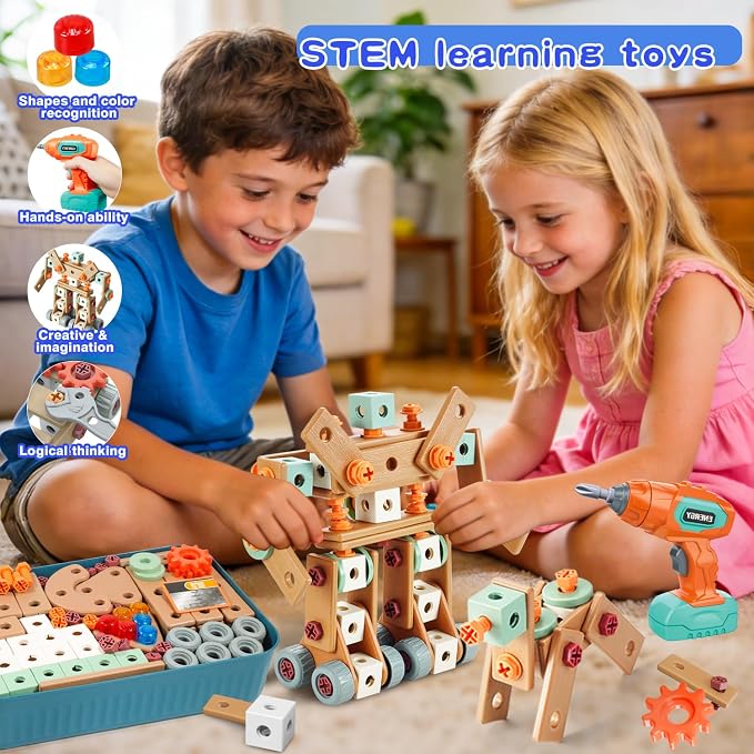 Design and Drill Toy - Toddler Tool Set with Drill & Toolbox, Create And Design Drill Kit Stem Toys for Kids Ages 3-6, Toddler Building Educational Construction Toy for 3-6 Year Old Girl (WOOD COLOR)