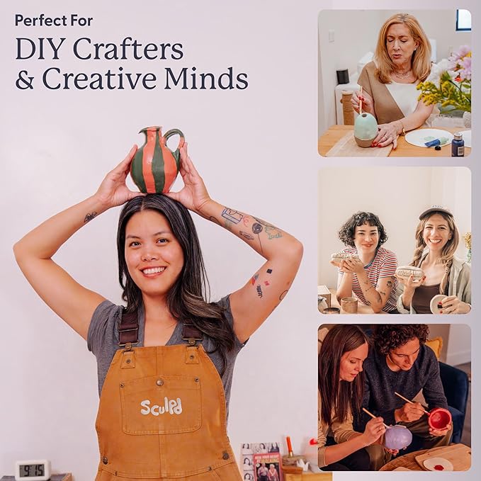 Sculpd - The Original Pottery Kit for Adults - Air Dry Clay for Adults, Tools, Varnish, Paints, Brushes, Couples Date Night Arts & Crafts Set, Gloss Varnish with Earth Tones