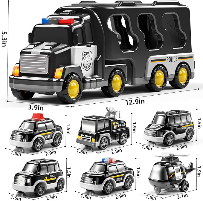 JUKUDAHU Police Truck Toy for 3-9 Years Old Boys & Girls - 7 in 1 Black Carrier Vehicle Set with 5 Toy Cars & 1 Helicopter, Friction Powered Car for Kids Age 1-3, Birthday Gifts for Toddlers 3-5