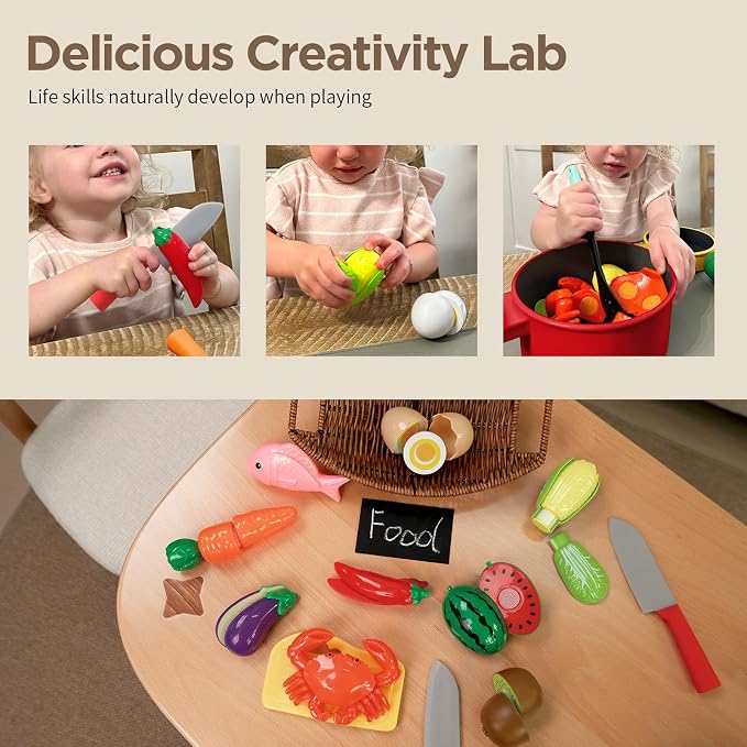 GILOBABY Kids Play Kitchen Accessories - Complete Cooking Toy Set with Pots, Pans & Utensils for Toddlers 1-3, Learning Educational Pretend Play Gift for Girls (Red)