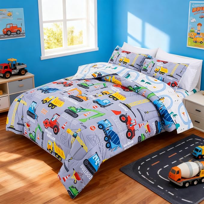 Holawakaka Trucks Tractors Cars Boy Bedding Comforter Set with Sheets, Full Size Cartoon Construction Car Excavator Print Kids Bed in A Bag 5-Piece, Boys Reversible Dorm Bed Sets (Red Full)
