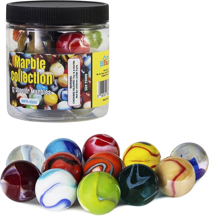 Shooter Glass Marbles with Marble Jar For Storage, Set of 12, 1-inch, Assorted Colors
