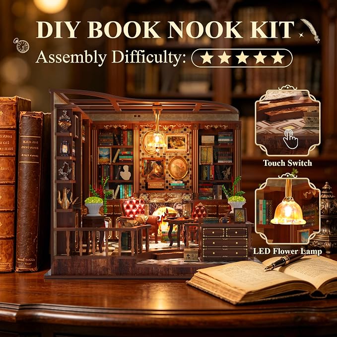 SUNNINO Book Nook Kits for Adults, DIY Miniature Dollhouse Kit 3D Wooden Puzzles for Adults and Beginners with Led Light, Book Nook Bookshelf Decor Craft Gifts for Family Friends