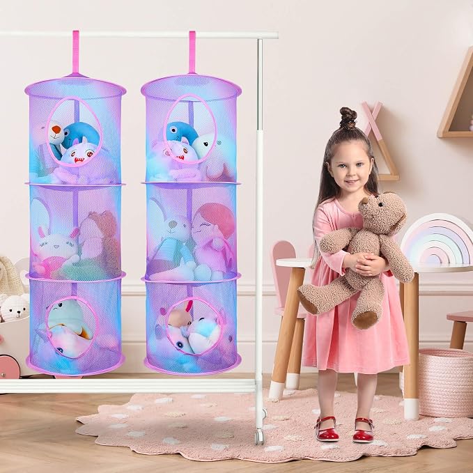 Basumee Stuffed Animals Net or Hammock 2 Pcs Stuffed Animals Storage Toy Net Hammock for Plushies Storage Organizer Mesh Kids Girls Room Decor, Blue and Purple, 3 Tiers