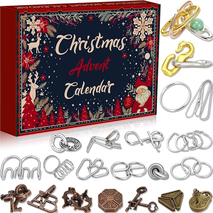 Skylety 24 Pcs Christmas Brain Teaser Puzzles Advent Calendar 2026 for Adults Bulk 3D Metal Wire Rings Teaser Puzzles Challenge Gifts with 24 Days Box for Christmas Countdown Holiday Birthday Party