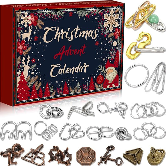 Skylety 24 Pcs Christmas Brain Teaser Puzzles Advent Calendar 2026 for Adults Bulk 3D Metal Wire Rings Teaser Puzzles Challenge Gifts with 24 Days Box for Christmas Countdown Holiday Birthday Party