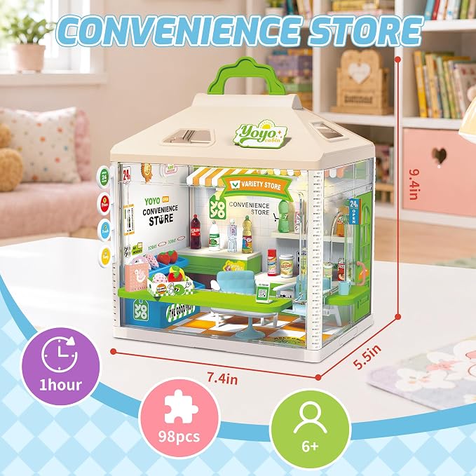 MINDNOOK DIY Miniature House Kit, LED Light-Up Dollhouse, Mini Dollhouse Building Set with Furniture, Craft Hobby Gift for Adults, Teens & Kids Ages 6+ (Convenience Store)