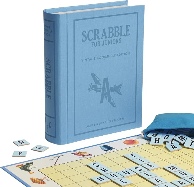 WS Game Company Scrabble for Juniors Vintage Bookshelf Edition: Linen Fabric-Wrapped Book Case — Educational Scrabble Jr. Board Game for Kids and Families (2-4 Players, Ages 5+)