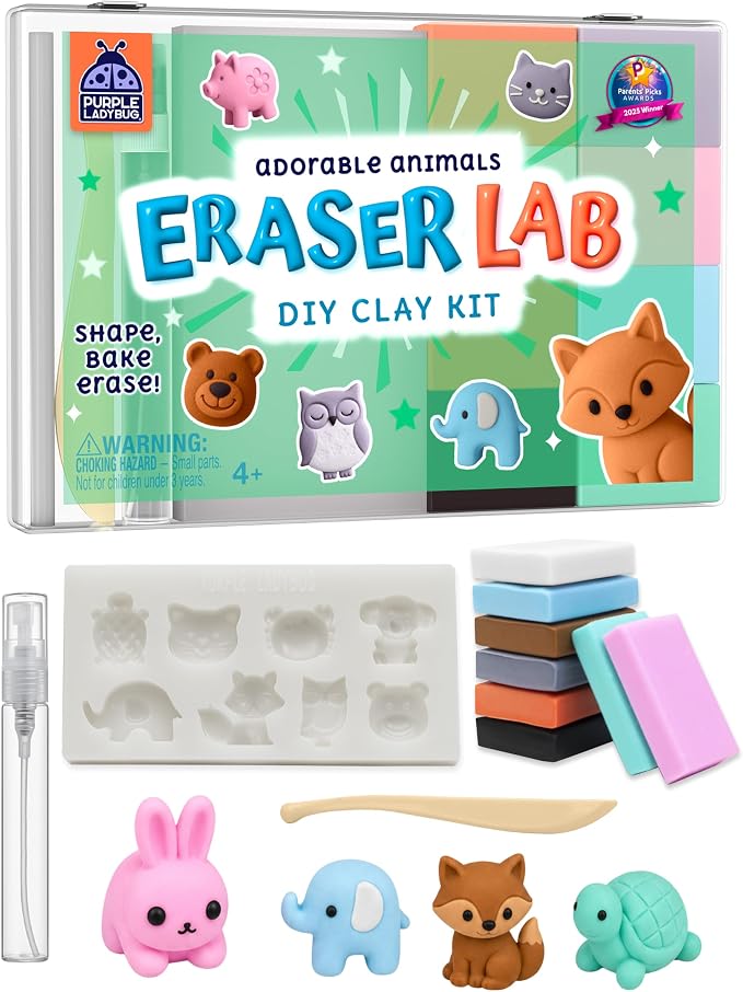 DIY Clay Cute Mini Eraser Kit for Kids - Birthday Gifts for 4 5 6 7 8 9 10 11 12 Girls & Boys - Students Desk Pet Animals Make Your Own Erasers Kit, Arts and Crafts for Kids Ages 8-12 4-8
